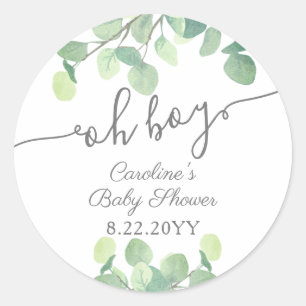 Sticker Rond Baby shower vert moderne Eucalyptus Oh Boy