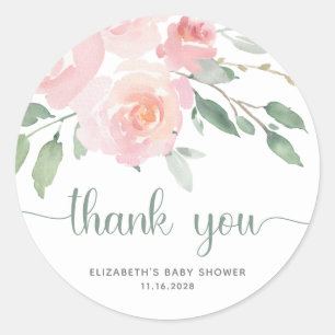 Sticker Rond Baby shower vert rose Floral Merci