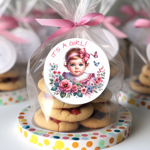 Sticker Rond Baby shower vintage de la petite fille   C'est une