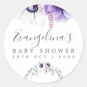 Sticker Rond Baby shower violet poussiéreux aquarelle florale