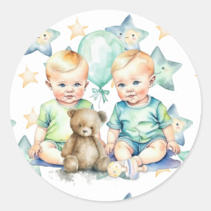 Sticker Rond Baby shower Watercolor Twin Boys