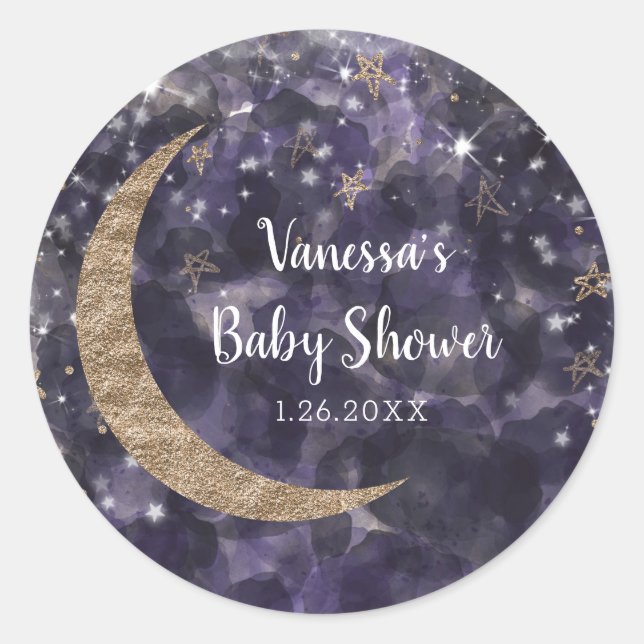 Sticker Rond Baby shower Whimsical Purple Gold Moon Stars (Devant)