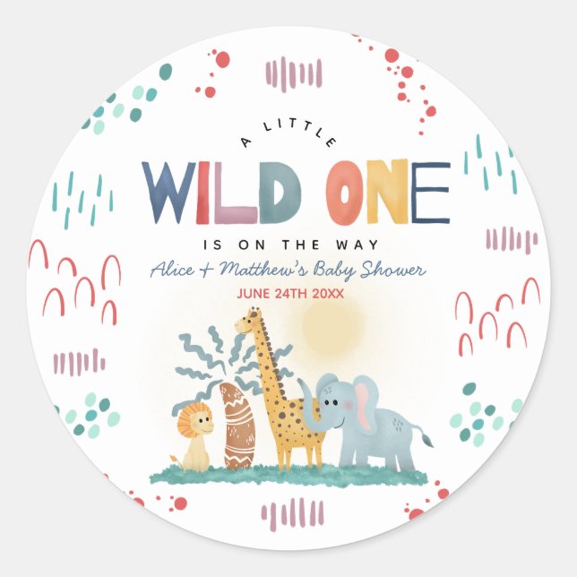 Sticker Rond Baby shower Wild One Safari Animaux (Devant)