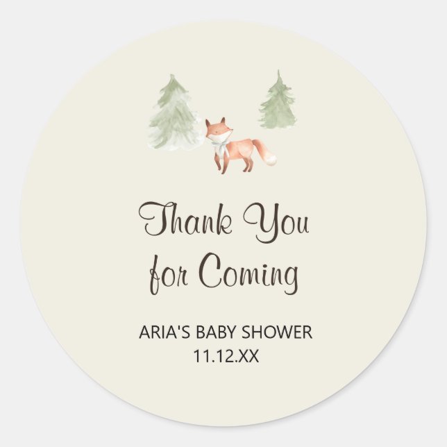 Sticker Rond Baby shower Woodland Fox Favoriser (Devant)