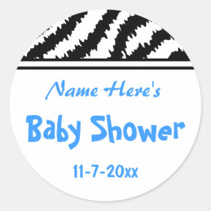 Sticker Rond Baby shower Zebra Pattern. Bleu, noir et blanc.