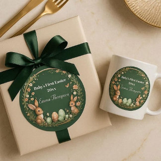 Sticker Rond Baby's First Easter Spring Wreath Woodland Animals