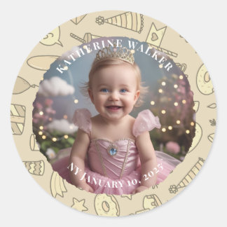 Sticker Rond BABYSHOWER pastel beige bunny cute party photo