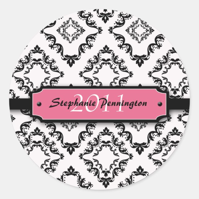 Sticker Rond Baccalauréat en damas noir tendance personnaliser  (Devant)