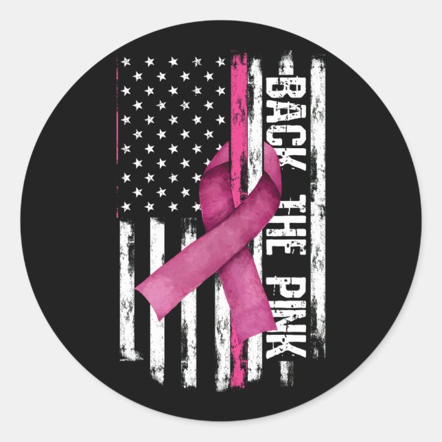 Sticker Rond Back The Pink Ribbon American Flag Breast Cancer A (Devant)