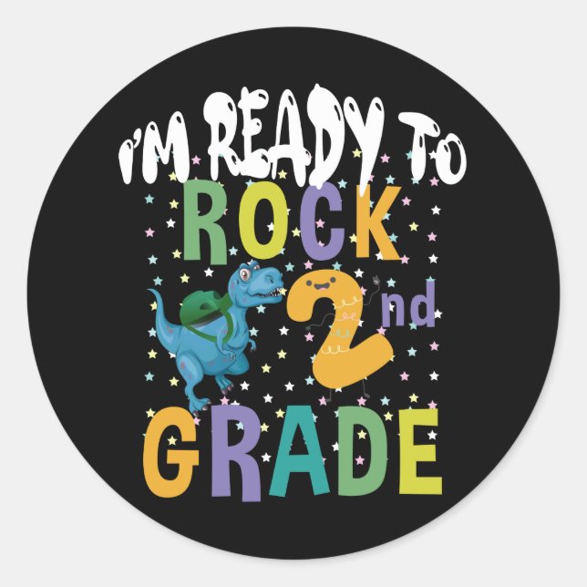 Sticker Rond Back to School I'm Ready To Rock 2nd Grade Dino (Devant)