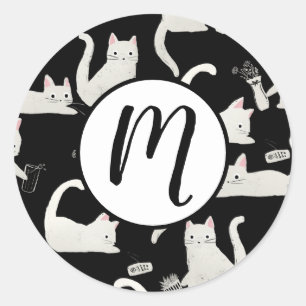 Sticker Rond Bad Cats Knocking Stuff Over, White Cats on Black
