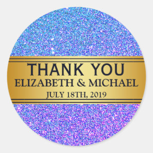 Sticker Rond Badge Merci Or Paillettes Bleues
