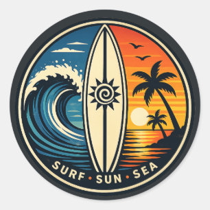 Sticker Rond Badge Vintage Surf Soleil Mer – Planche de Surf Co