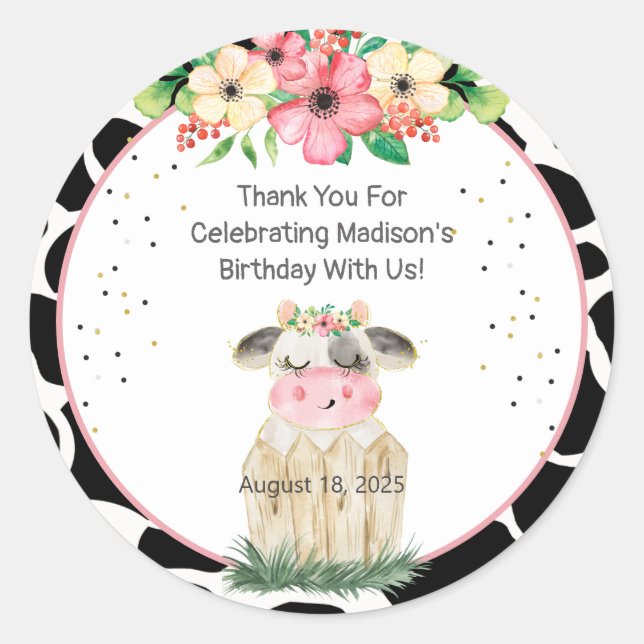 Sticker Rond Baguette d'Anniversaire de la vache de ferme migno (Devant)