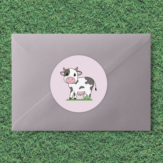 Sticker Rond Baguette de dessin de vache mignonne (Cute Cow Cartoon Sticker)