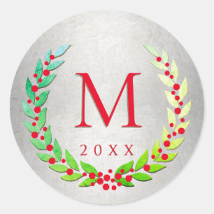 Sticker Rond Baies de serres de Noël Laurel Monogramme