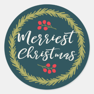 Sticker Rond Baies et Noël de pin plus Joyeux