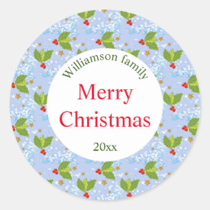 Sticker Rond Baies Holly et motif feuille Joyeux Noël