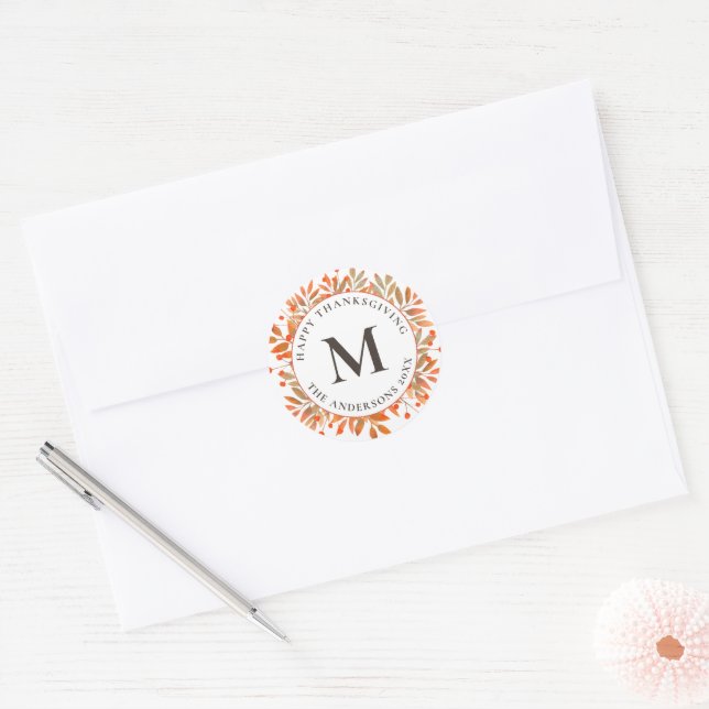 Sticker Rond Baies rouges et feuilles d'automne Monogramme (Enveloppe)