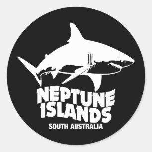 Sticker Rond Baignade avec de grands requins blancs îles Neptun