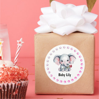Sticker Rond Bain de roseau pour bébé éléphant aquarelle rose