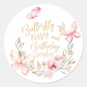 Sticker Rond Baisers à papillon et voeux d'anniversaire, toute