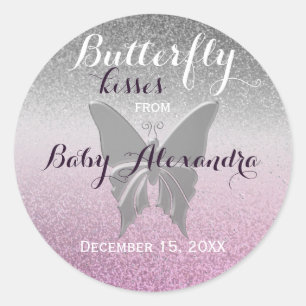 Sticker Rond Baisers Papillon Pailleté Violet Baby Shower