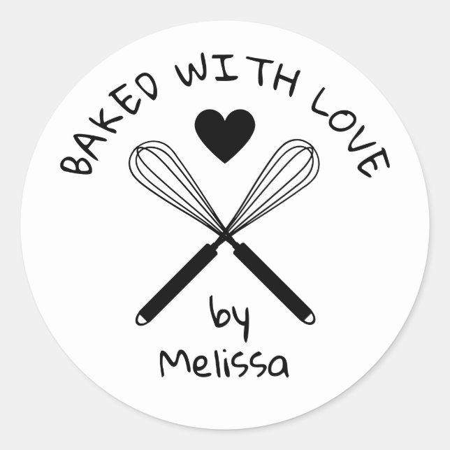 Sticker Rond Baked With Love Kitchen Whisk Black And White (Devant)