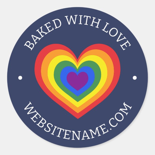 Sticker Rond Baked With Love Rainbow Heart Custom Website Navy (Devant)