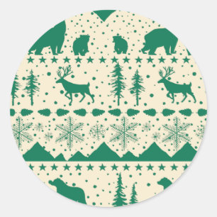 Sticker Rond Balayage nordique Animaux d'hiver Forêt Vert Class
