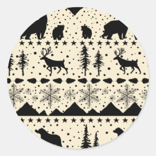 Sticker Rond Balayage Nordique Animaux D'Hiver Noir Et Beige