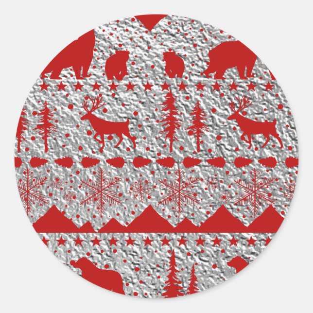 Sticker Rond Balayage nordique Animaux d'hiver rouges Argent (Devant)