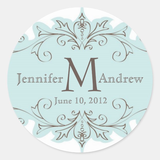 Sticker Rond Balayages Bleus Monogramme Mariage Favoriser Stick (Devant)