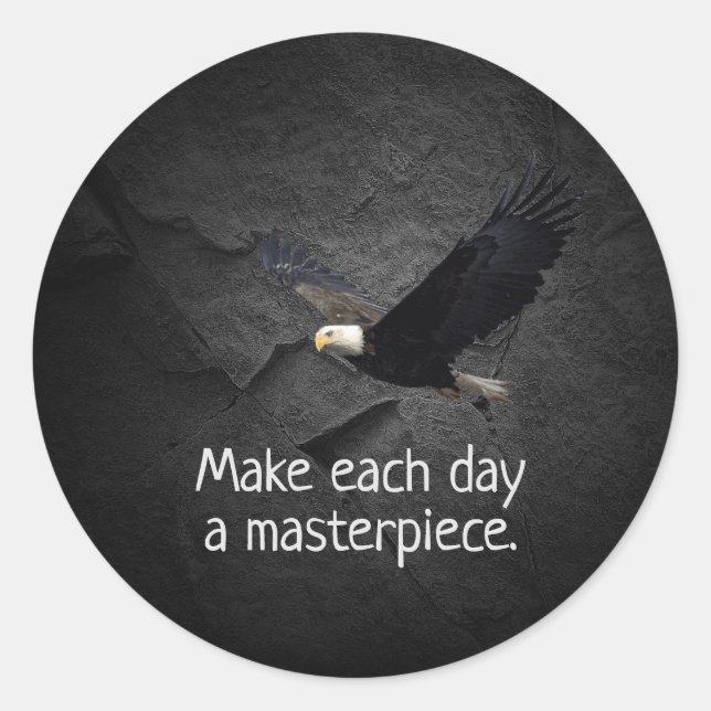 Sticker Rond Bald Eagle sur pierre noire avec citation motivant (Devant)