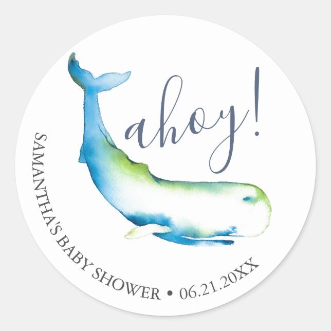 Sticker Rond Baleine aquarelle et étoile de mer bleue  (Devant)