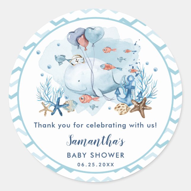 Sticker Rond Baleine Nautical Boy Baby shower Merci Favor (Devant)