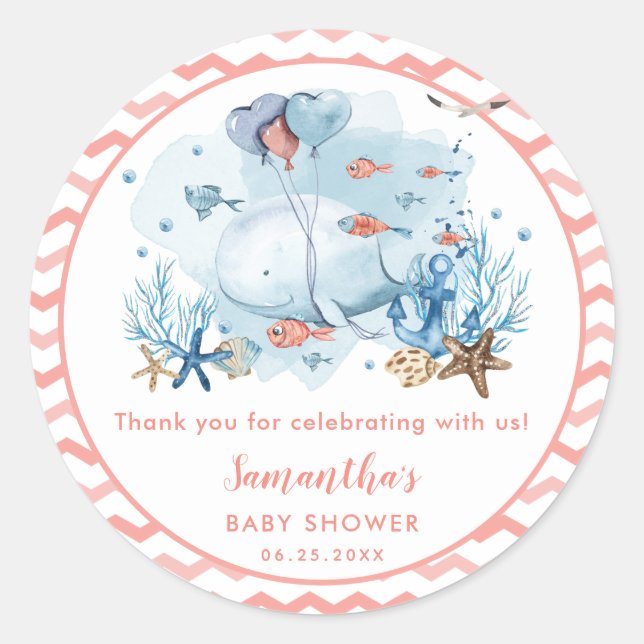 Sticker Rond Baleine Nautique Baby shower Fille Merci Favor (Devant)