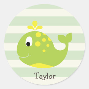 Sticker Rond Baleine verte et jaune sur Pastel Green Stripes
