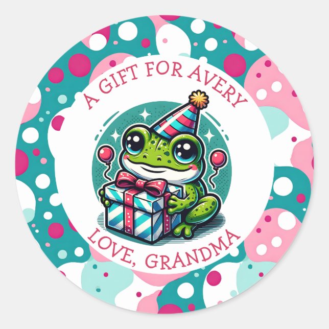 Sticker Rond Balise cadeau d'anniversaire de la jeune grenouill (Devant)