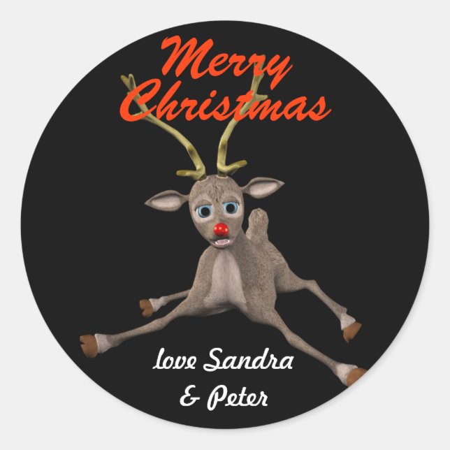 Sticker Rond Balise cadeau de Noël personnalisé Rudolph Black (Devant)