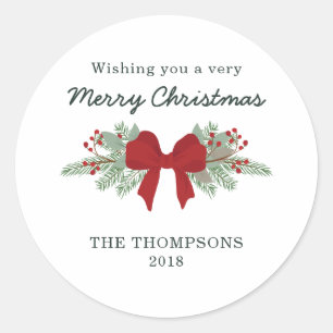 Sticker Rond Balise cadeau de Noël Pine et ruban rouge