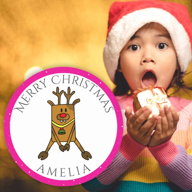 Sticker Rond Balise cadeau de nom de l'enfant de Noël de Cerf-N (Créateur téléchargé)