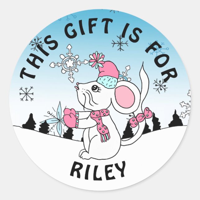 Sticker Rond Balise cadeau de souris de Noël Joyeux (Devant)