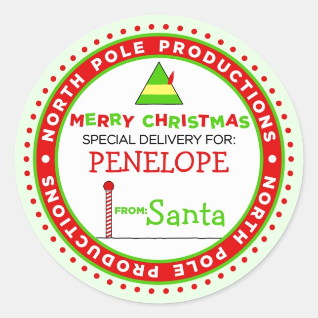 Sticker Rond Balise cadeau personnalisée North Pole Productions (Devant)