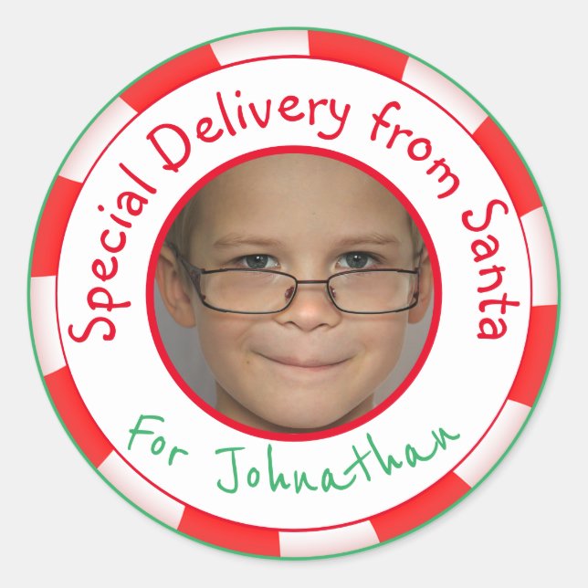 Sticker Rond Balise Cadeau Photo Personnalisée De Père Noël (Devant)