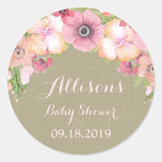 Sticker Rond Balise de Baby shower rose rose rose Burlap (Devant)