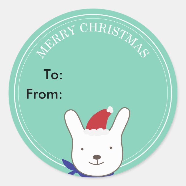 Sticker Rond Balise de cadeau de Noël Vert Bunny de Père Noël (Devant)