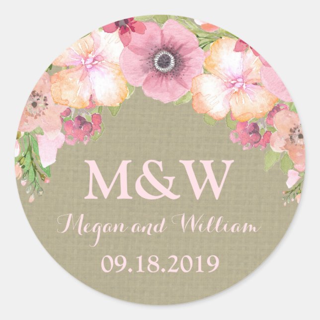 Sticker Rond Balise de Mariage de monogramme rose rustique Burl (Devant)
