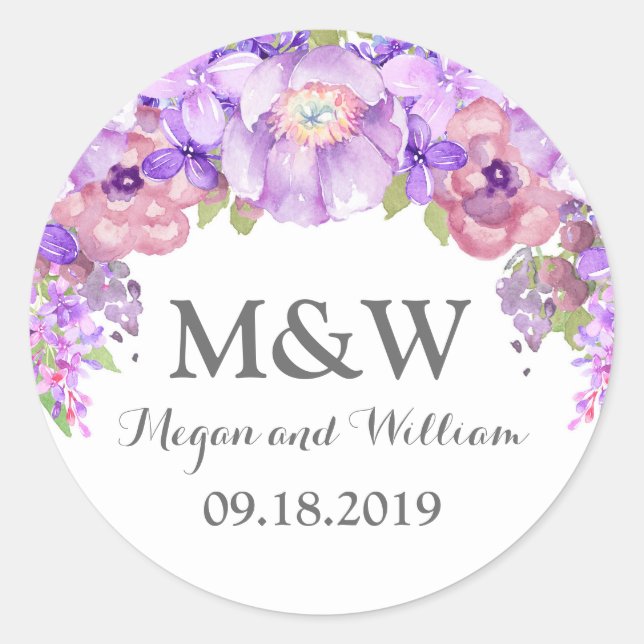 Sticker Rond Balise de Mariage Lilac violet Floral Rustique (Devant)