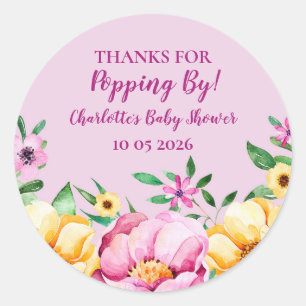 Sticker Rond Balise Fleurs Merci pour Popping By Baby shower